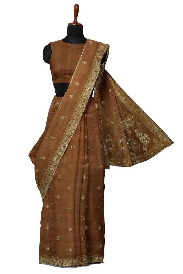 Golden Brown Banarasi Silk Saree with Floral Motif