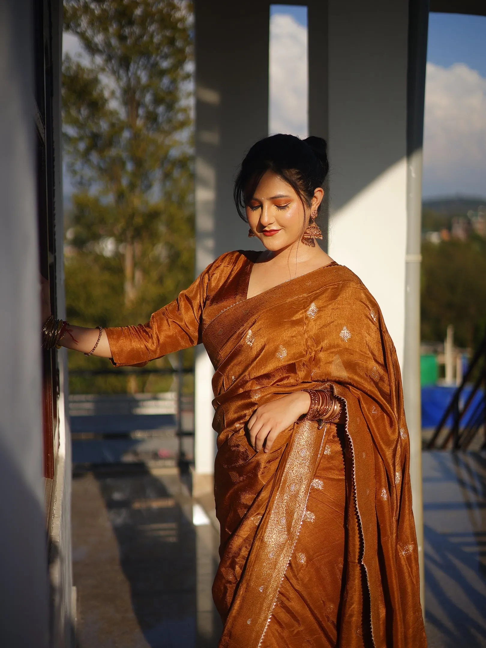 Golden Brown Banarasi Silk Saree with Floral Motif