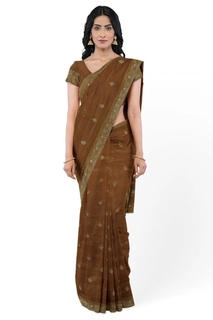 Golden Brown Banarasi Silk Saree with Floral Motif