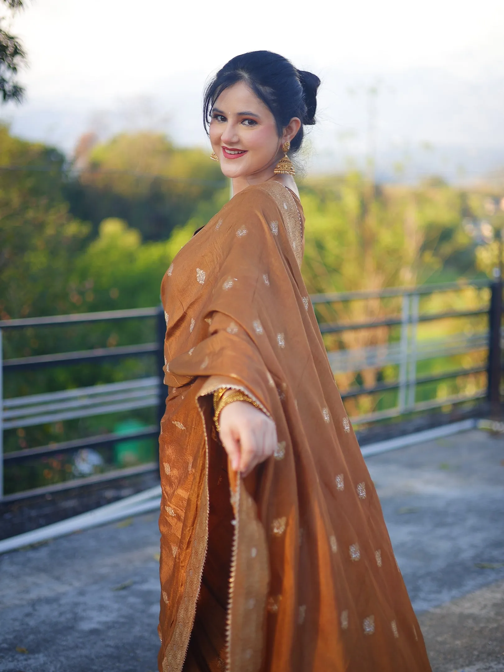 Golden Brown Banarasi Silk Saree with Floral Motif