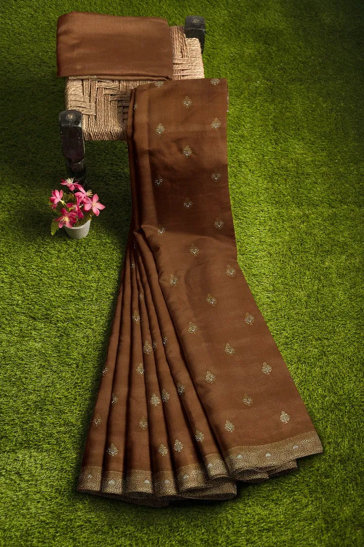 Golden Brown Banarasi Silk Saree with Floral Motif