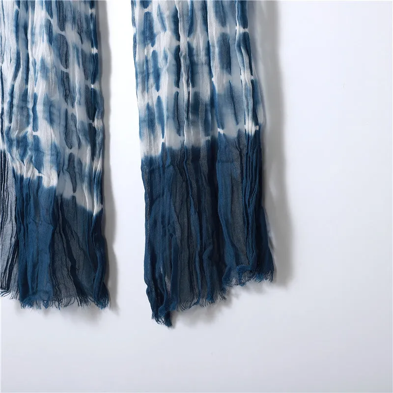 Hand-gradient Tie-dye Pleated Ink Blue Scarf