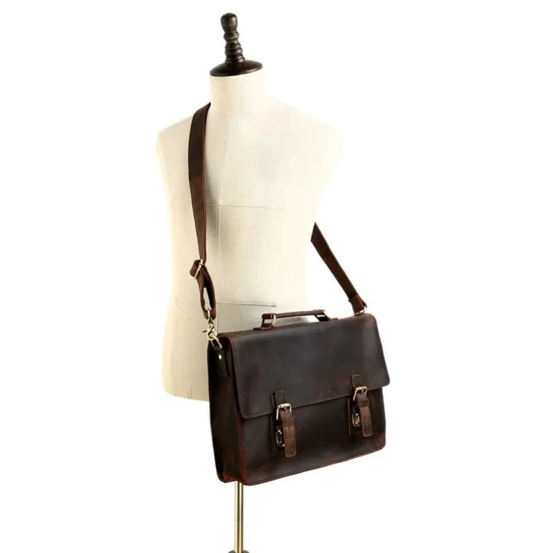 Handmade Vintage Leather Satchel Messenger Bag - Dark Brown