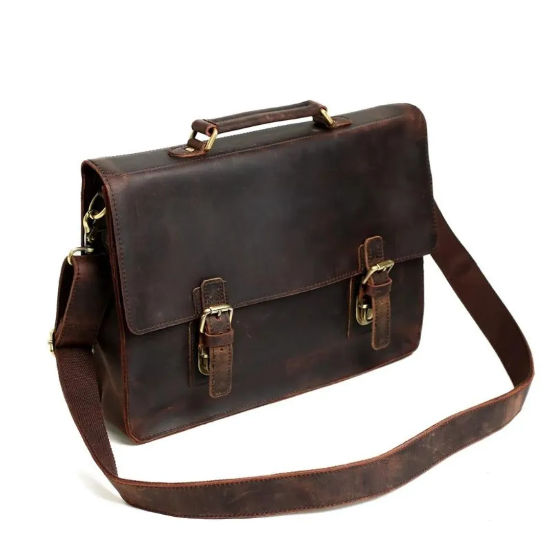 Handmade Vintage Leather Satchel Messenger Bag - Dark Brown