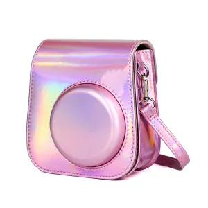 Holographic Case for Fujifilm Instax Mini 11 Case PU Leather Instant Camera Cover with Adjustable Pink