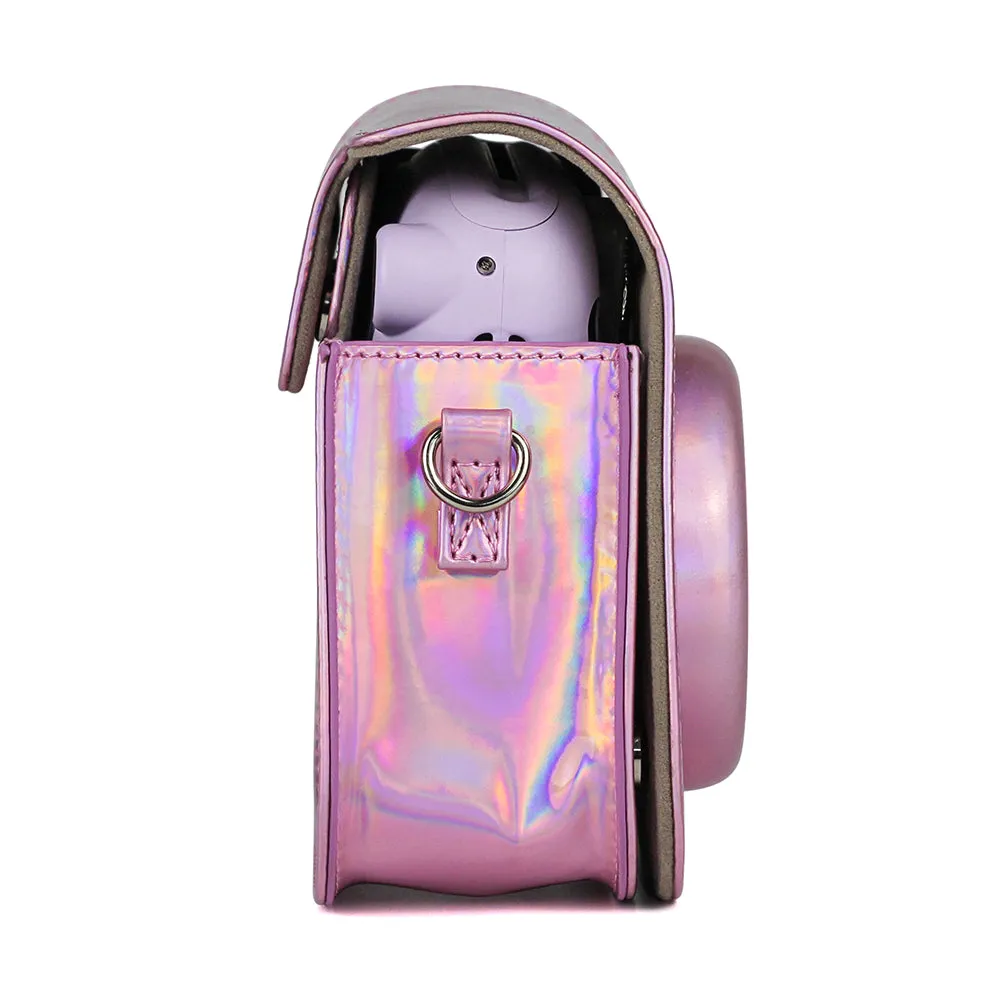 Holographic Case for Fujifilm Instax Mini 11 Case PU Leather Instant Camera Cover with Adjustable Pink