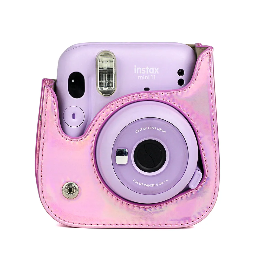 Holographic Case for Fujifilm Instax Mini 11 Case PU Leather Instant Camera Cover with Adjustable Pink