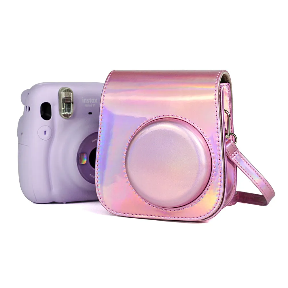 Holographic Case for Fujifilm Instax Mini 11 Case PU Leather Instant Camera Cover with Adjustable Pink