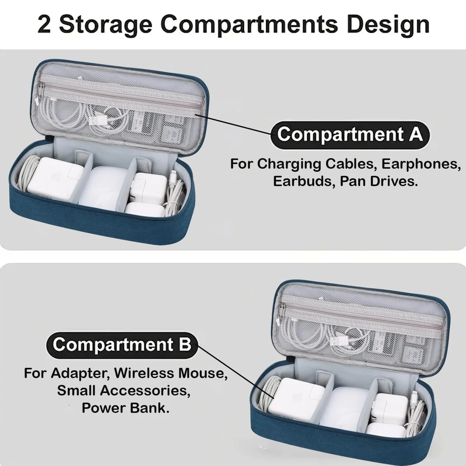 Homestic Travel Organizer For Electronic Accessories|Multipurpose Pouch|Adapter, Cable, Gadget Organizer|Two Comparment With Zipper (Navy Blue)