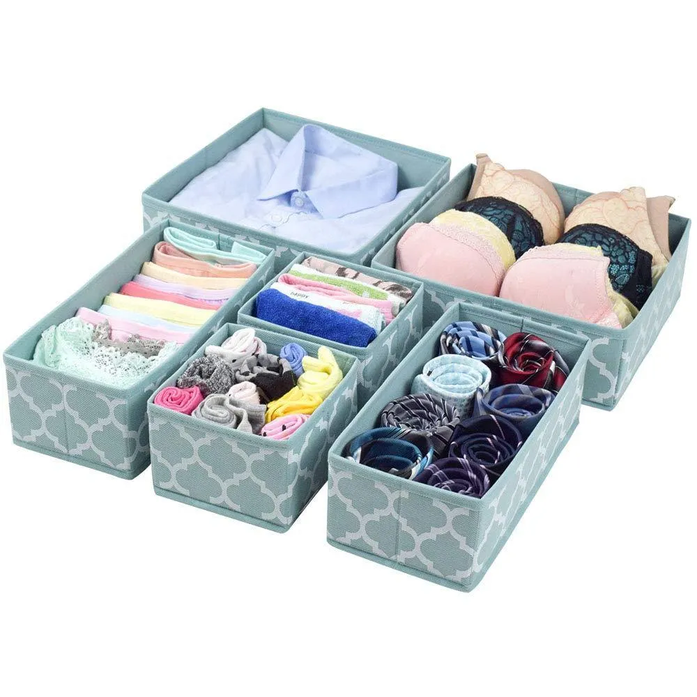 Homyfort Set of 6 Foldable Dresser Drawer Dividers, Cloth Storage Boxes, Closet Organizers for Underwear, Bras, Socks, Ties, Scarves (Blue Lantern Printing)