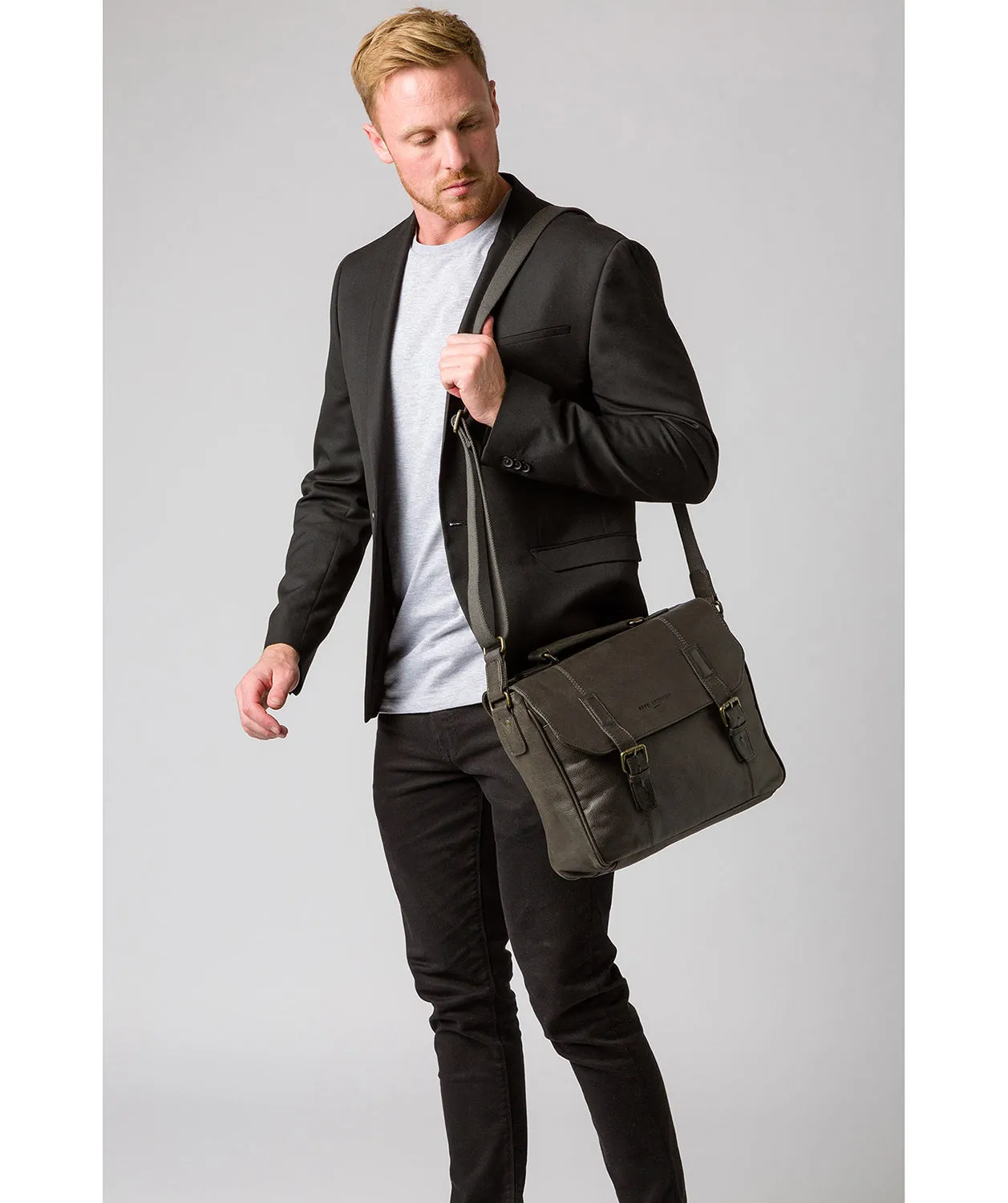 'Idris' Ash Black Leather Briefcase