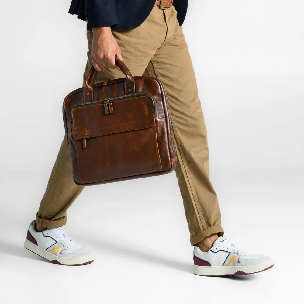 Jay Modern Briefcase in Titan Milled Brown by Moore & Giles