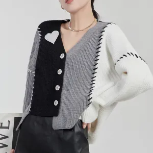 Knitting Sweater For Women V Neck Long Sleeve Patchwork Colorblock Single Breasted Cardigan Female Autumn