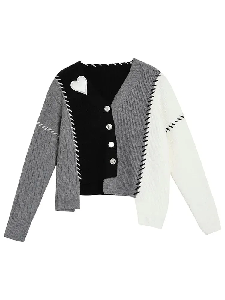 Knitting Sweater For Women V Neck Long Sleeve Patchwork Colorblock Single Breasted Cardigan Female Autumn