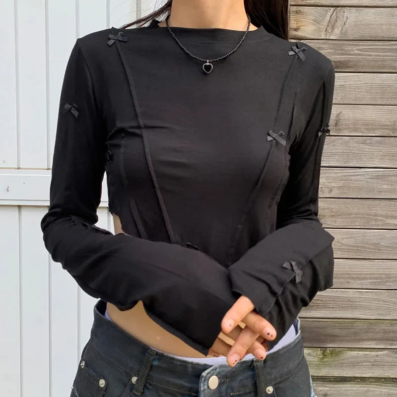 Korean Fashion Bow Long Sleeve Tee Shirts Basic Slim Women Crop Tops Cute Stitched Asymmetrical Autumn T-shirts Chic