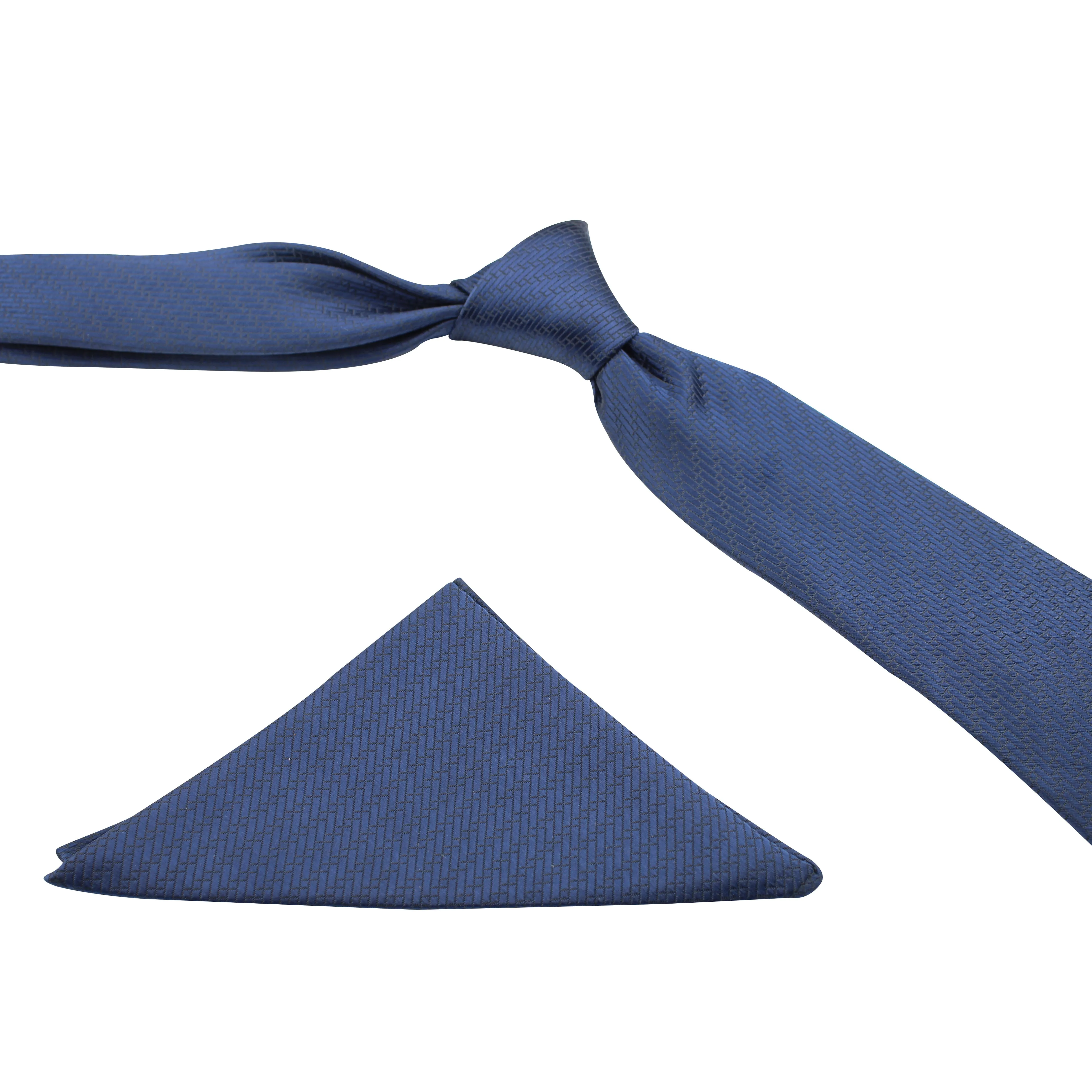 Kovove The Energise Self Pattern Navy Blue Necktie and Pocket Square Gift Box