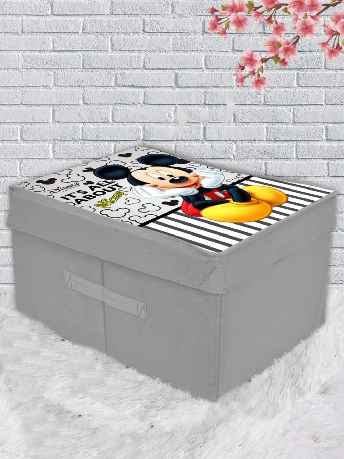 Kuber Industries Disney Team Mickey Print Non Woven 2 Pieces Fabric Foldable Saree,Shirt Cover Storage Organizer Box with With Lid, Extra Large (Grey & Cream)-KUBMART16338