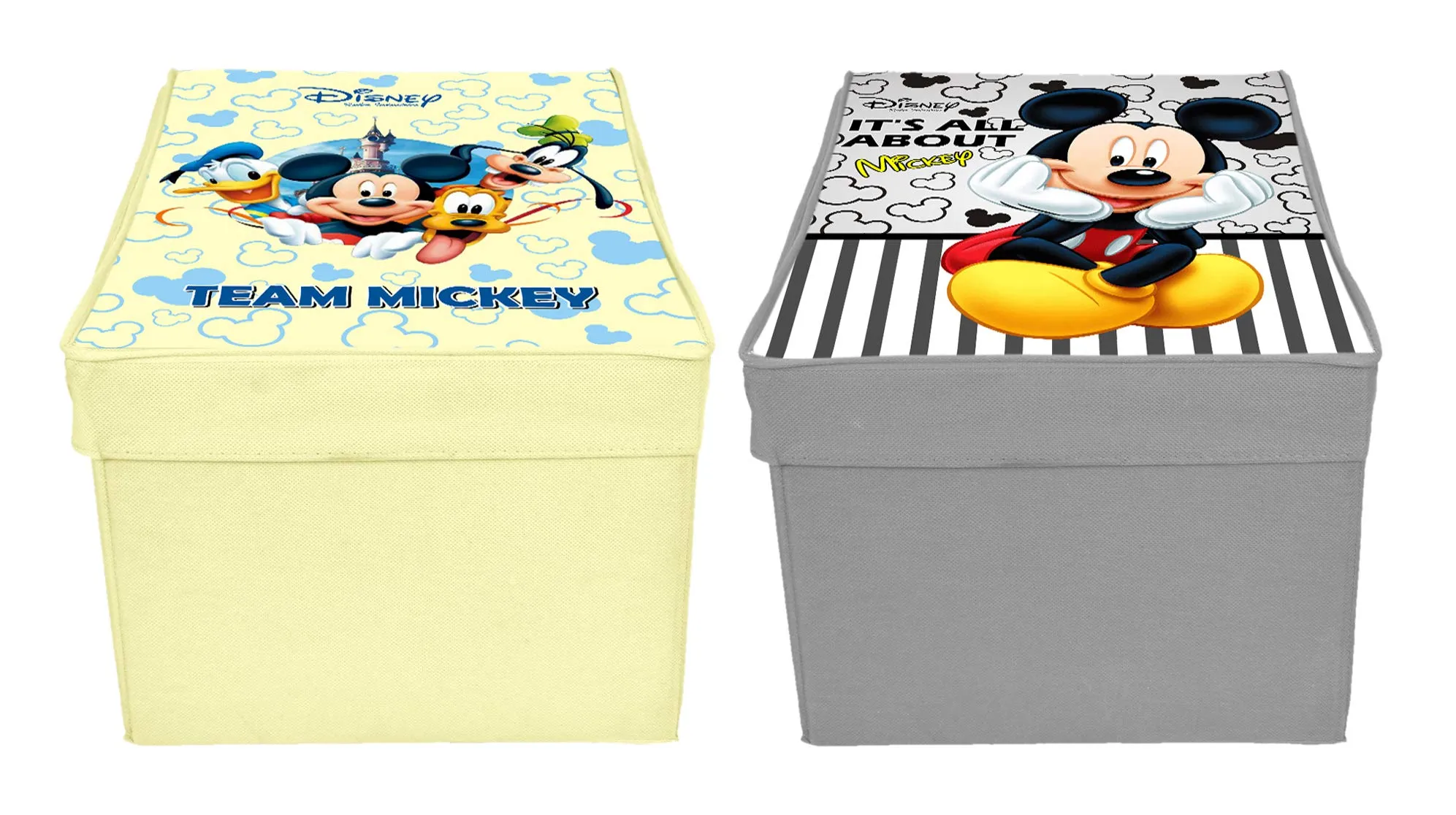 Kuber Industries Disney Team Mickey Print Non Woven 2 Pieces Fabric Foldable Saree,Shirt Cover Storage Organizer Box with With Lid, Extra Large (Grey & Cream)-KUBMART16338