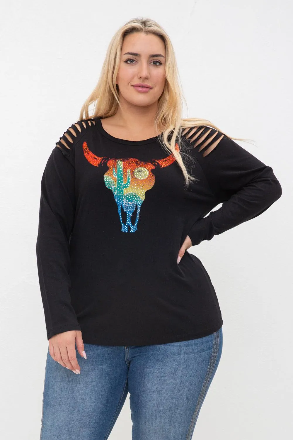 Laser Cut Long Sleeve Top With Bull Heads Print