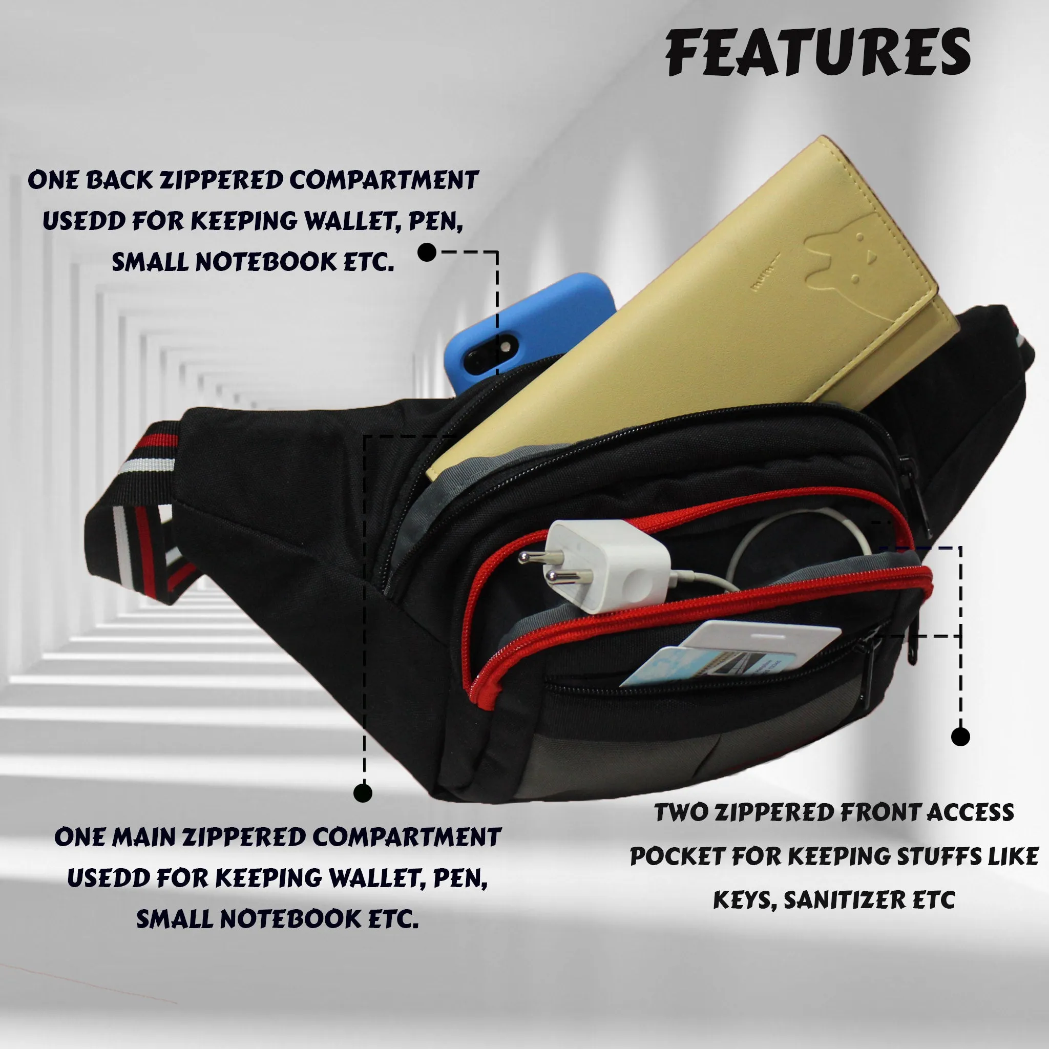 Lattitude Black Red Waist Pouch