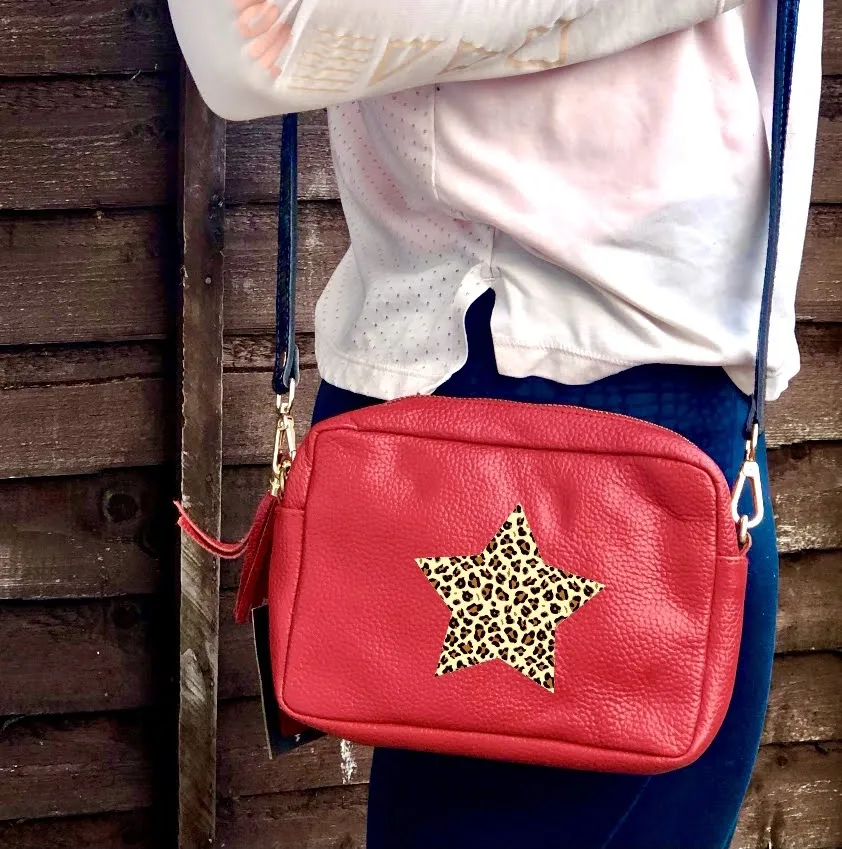 Leopard Star Camera Kylie Pebbled Leather Crossbody Clutch Bag