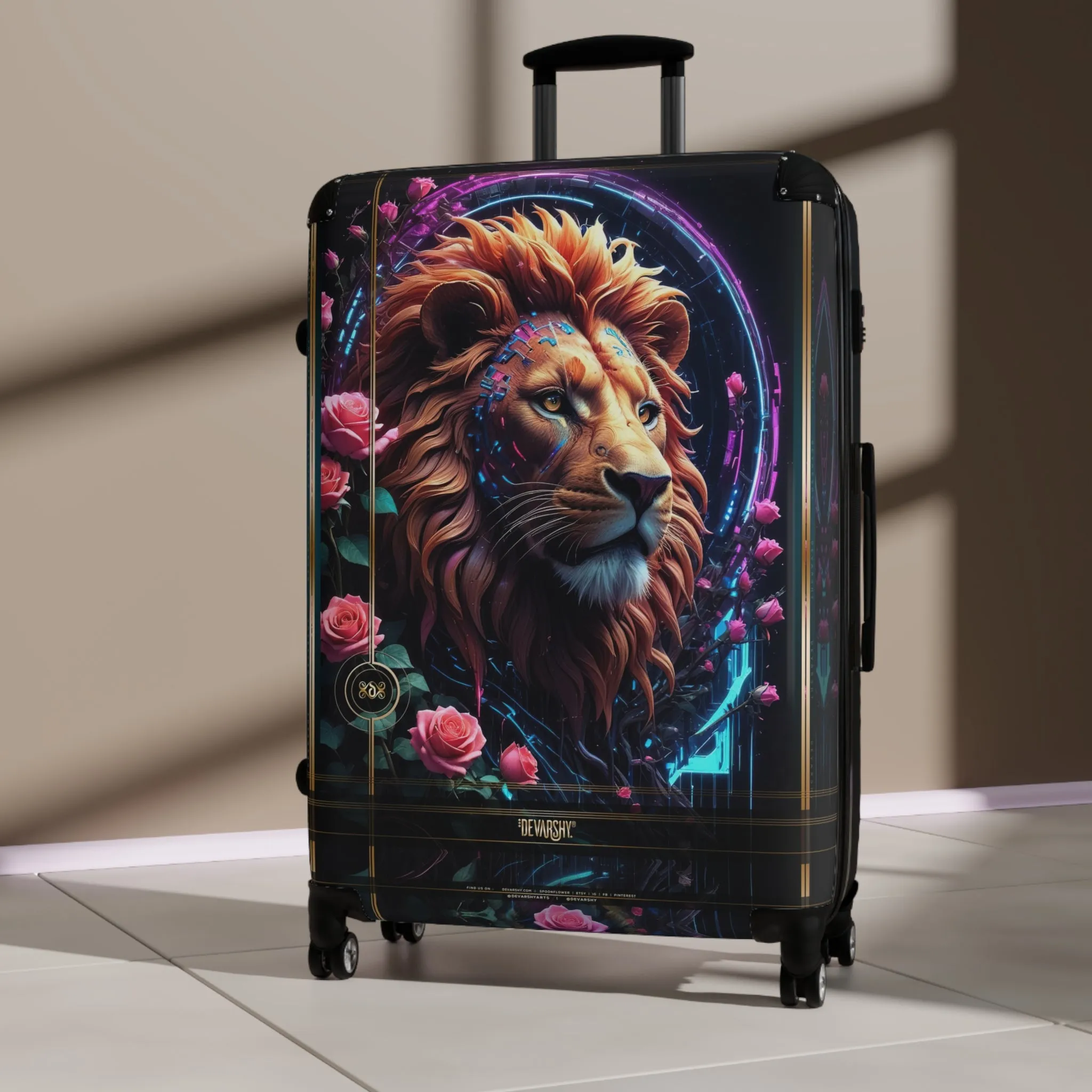 Lion Print Suitcase Majestic Lion Luggage Floral Print Carry-on Suitcase Premium Hard Shell Suitcase | D20231