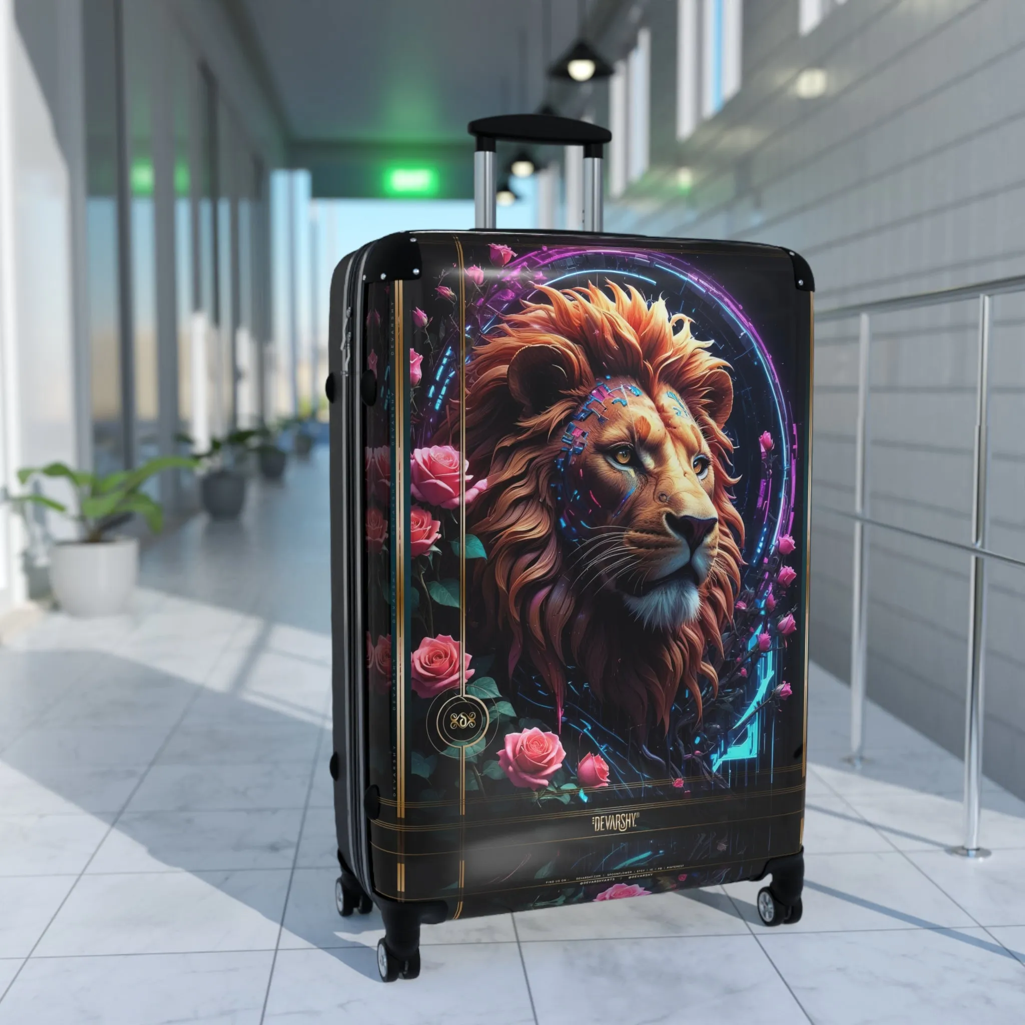 Lion Print Suitcase Majestic Lion Luggage Floral Print Carry-on Suitcase Premium Hard Shell Suitcase | D20231