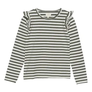 Long Sleeve Striped Ruffle Tee - Olive