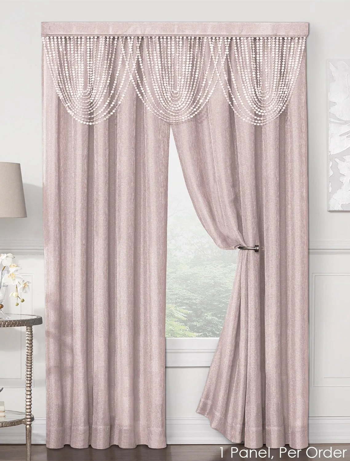 Luna Mesh Metallic Rod Pocket Window Panel and Valance Treatments, Rose