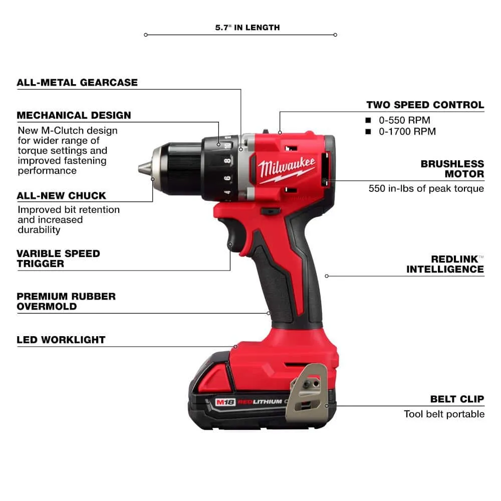 M18 18V Lithium-Ion Brushless Cordless 1/2 in. Compact Drill/Driver Kit - Battery, Charger & Tool Bag