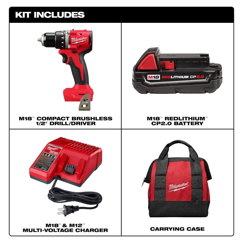 M18 18V Lithium-Ion Brushless Cordless 1/2 in. Compact Drill/Driver Kit - Battery, Charger & Tool Bag