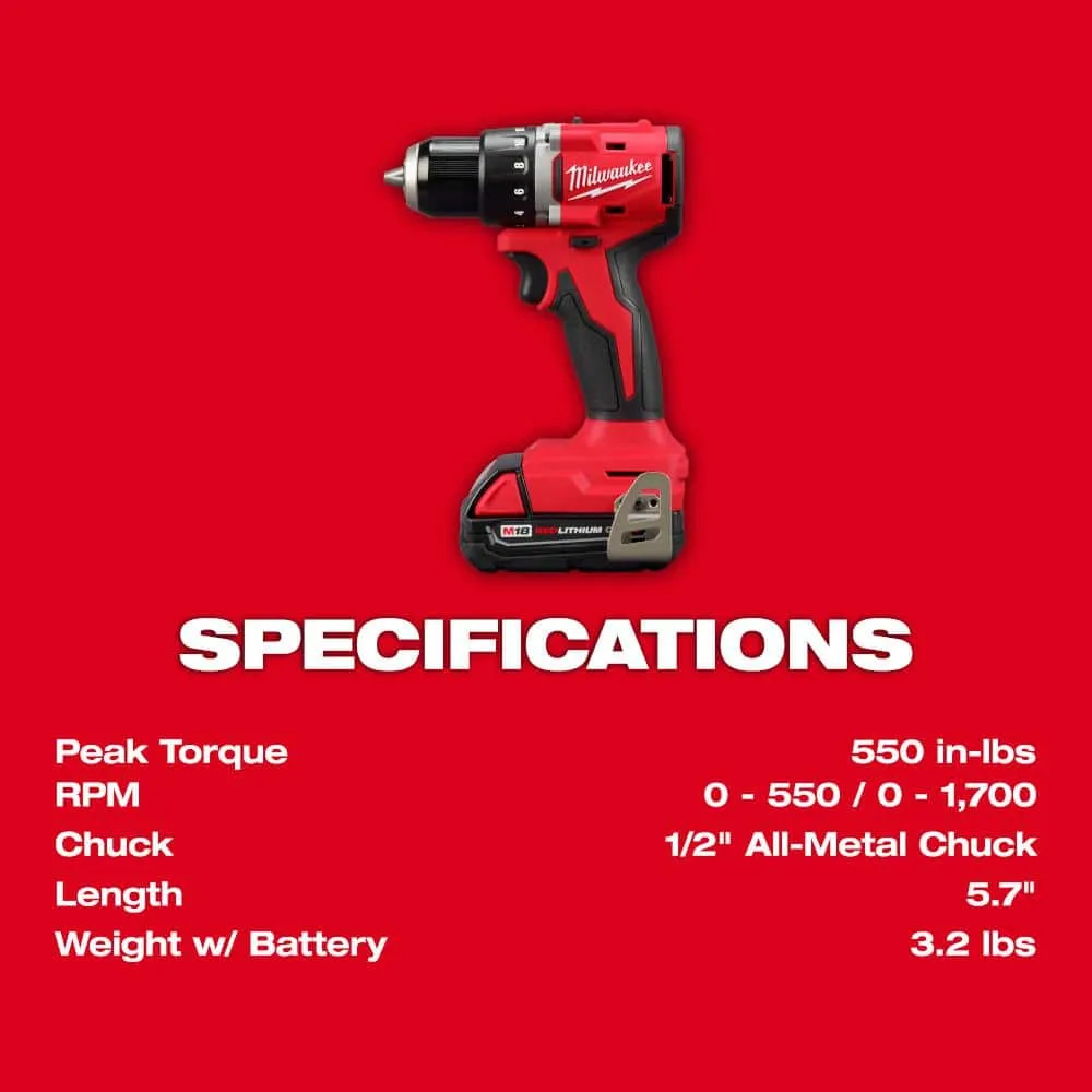 M18 18V Lithium-Ion Brushless Cordless 1/2 in. Compact Drill/Driver Kit - Battery, Charger & Tool Bag