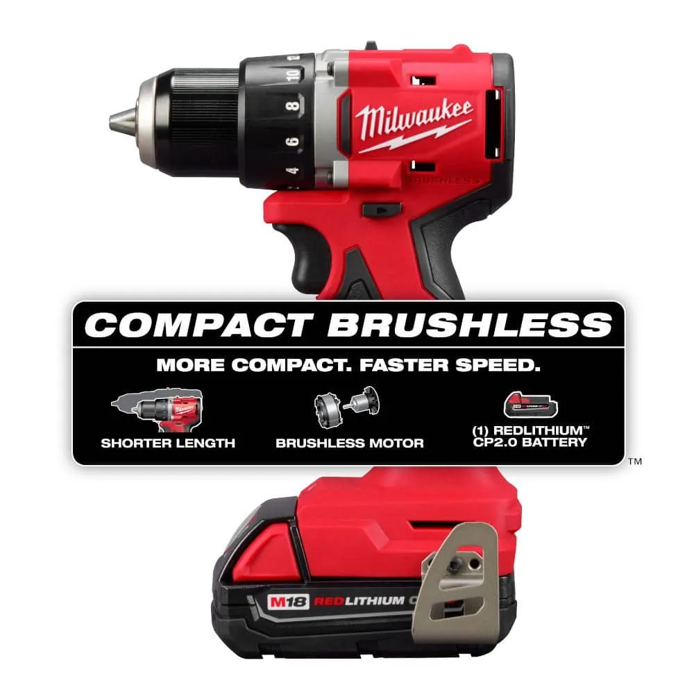 M18 18V Lithium-Ion Brushless Cordless 1/2 in. Compact Drill/Driver Kit - Battery, Charger & Tool Bag