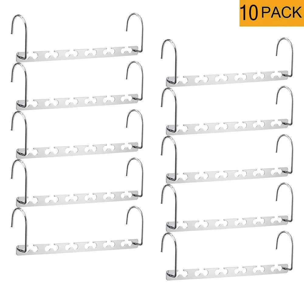 MeetU Space Saving Hangers Wonder Multifunctional Clothes Hangers Stainless Steel 6X2 Slots Magic Hanger Cascading Hanger Updated Hook Design Closet Organizer Hanger (Pack of 10)