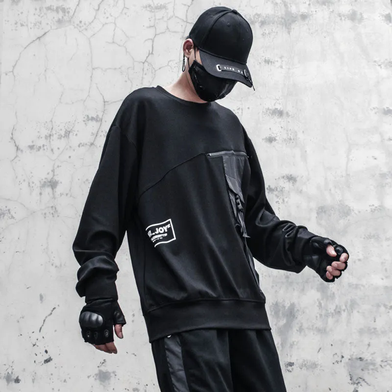 Men Patchwork Sweatshirt Hip Hop Streetwear Fashion Harajuku Pocket Ribbons O-Neck Pullover Loose Tops WB390