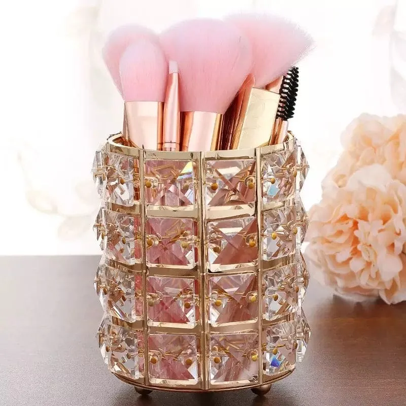 Metal Crystal Round Makeup Brush Holder, Miaowater Makeup Brush Pen Holder, Brush Sorting Storage Organizer, Dressing Table Makeup Organizer