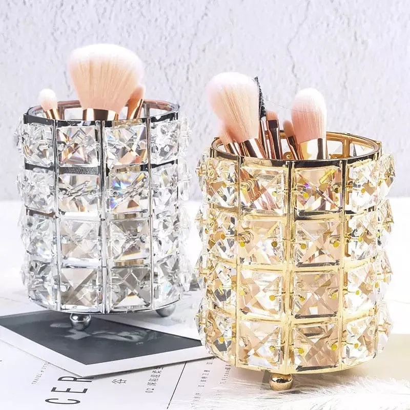 Metal Crystal Round Makeup Brush Holder, Miaowater Makeup Brush Pen Holder, Brush Sorting Storage Organizer, Dressing Table Makeup Organizer