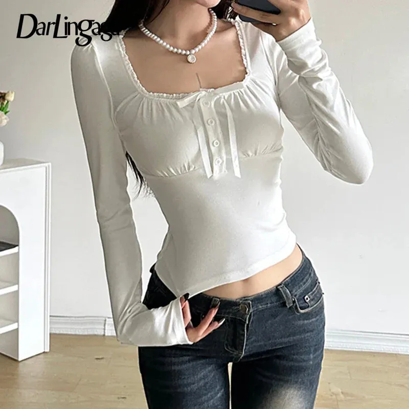 Metaversmall Sweet Korean Lace Trim Buttons Women T shirt Spring Autumn Cropped Top Skinny Coquette Clothes Folds Tie-Up Tee Girls