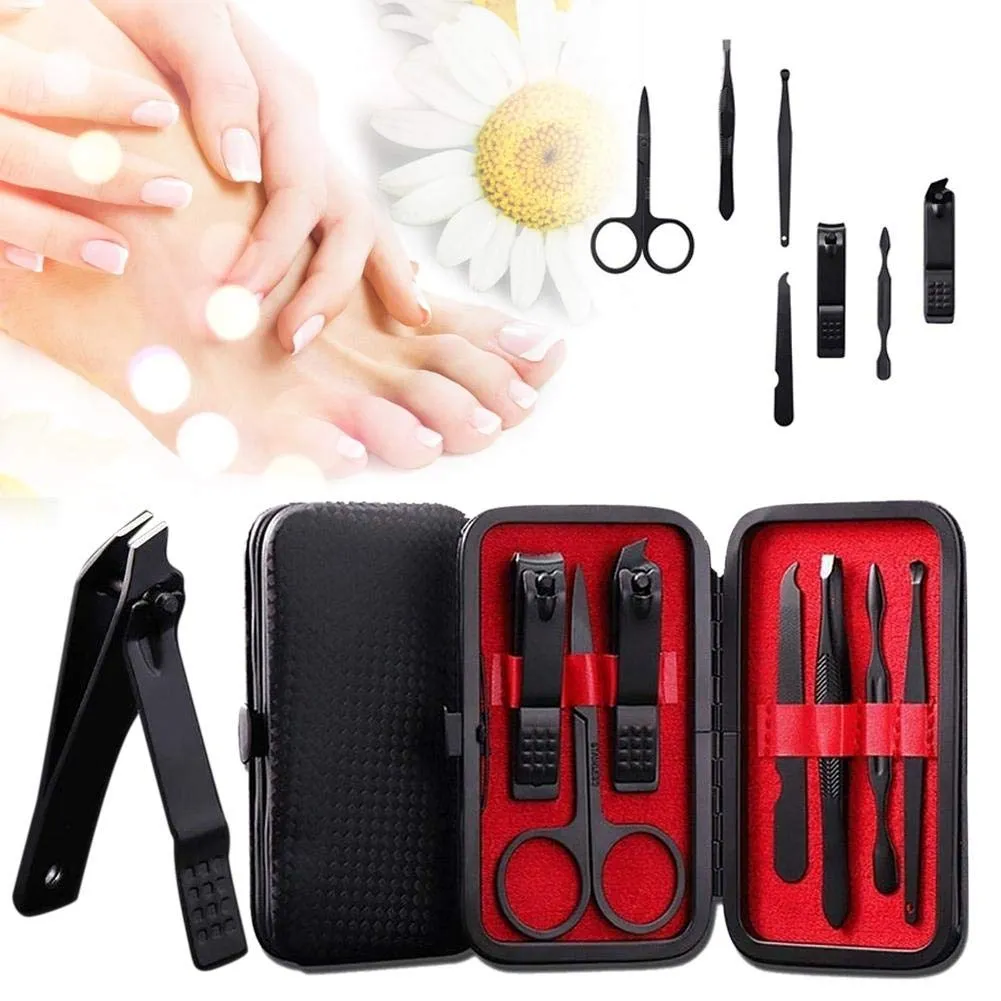 MOSTA Manicure Set, Stainless Steel Professional Pedicure Kit Nail Scissors Grooming Kit with Leather Travel Case (7pcs-black)