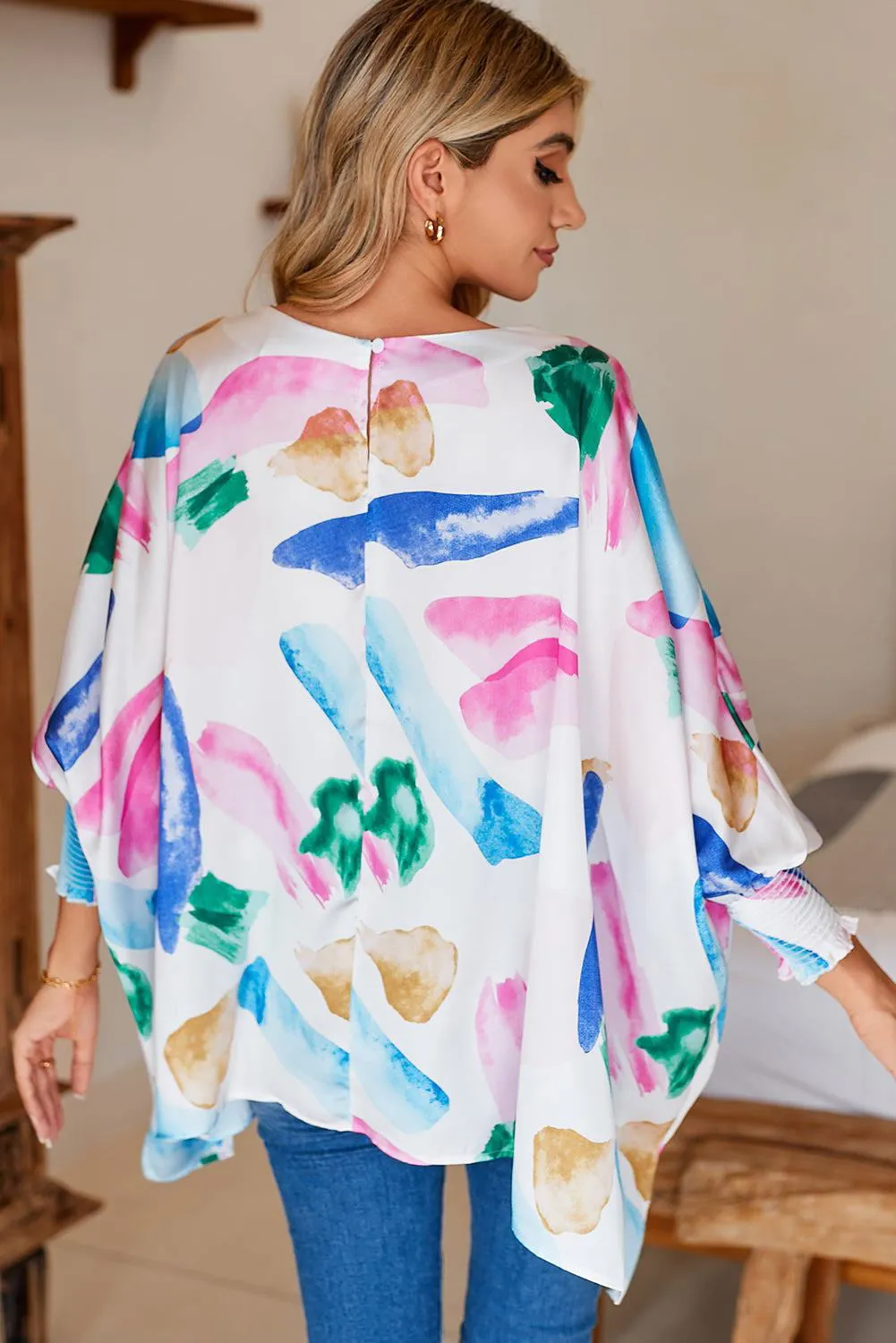 Multicolor Abstract Print Shirred Dolman Sleeve Oversized Blouse