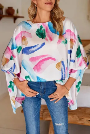 Multicolor Abstract Print Shirred Dolman Sleeve Oversized Blouse