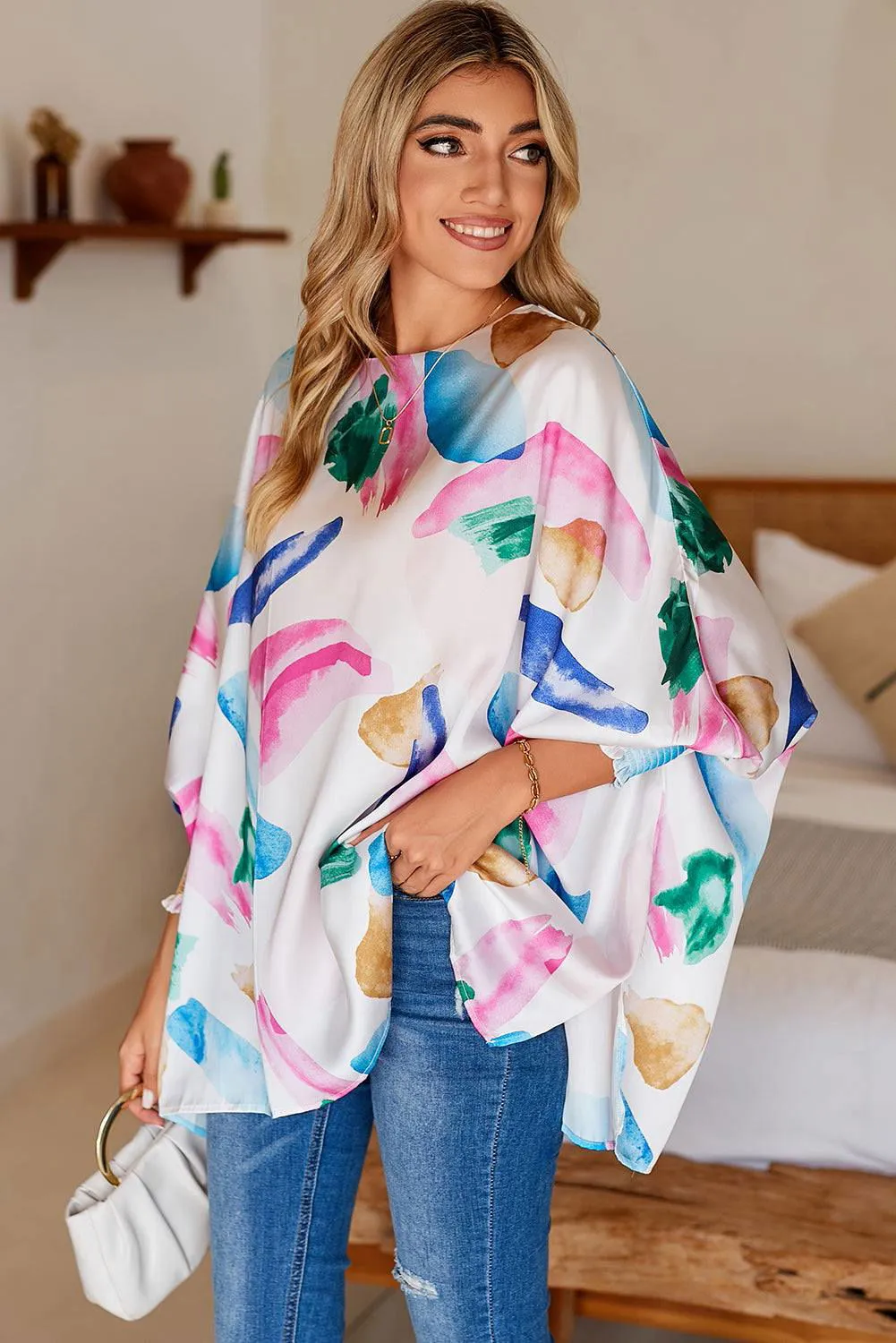 Multicolor Abstract Print Shirred Dolman Sleeve Oversized Blouse