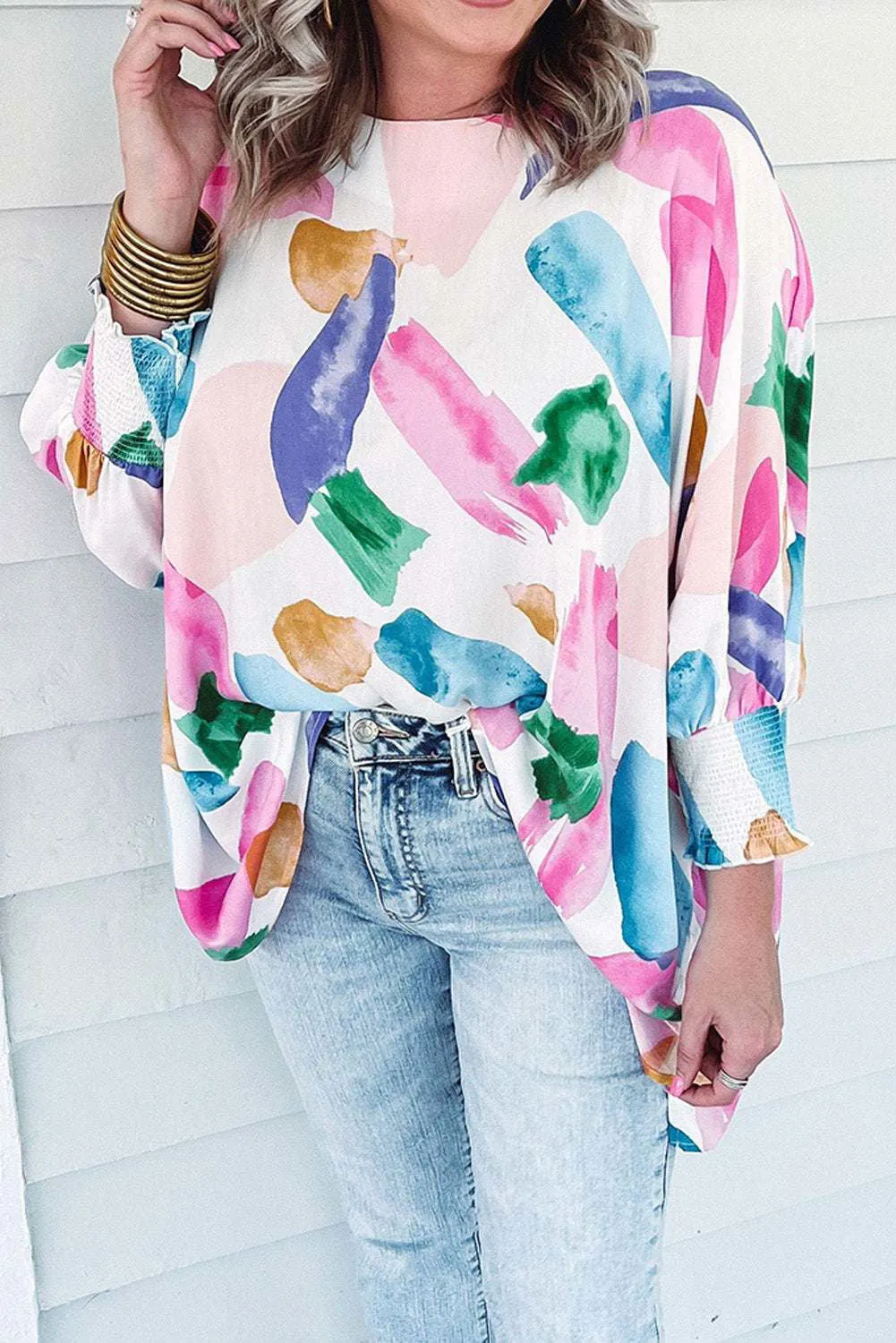 Multicolor Abstract Print Shirred Dolman Sleeve Oversized Blouse