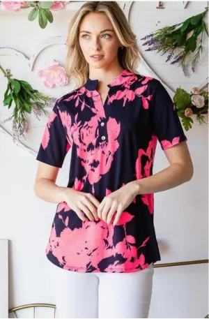 Navy/Pink Floral V-Neck Top - #6701-6706