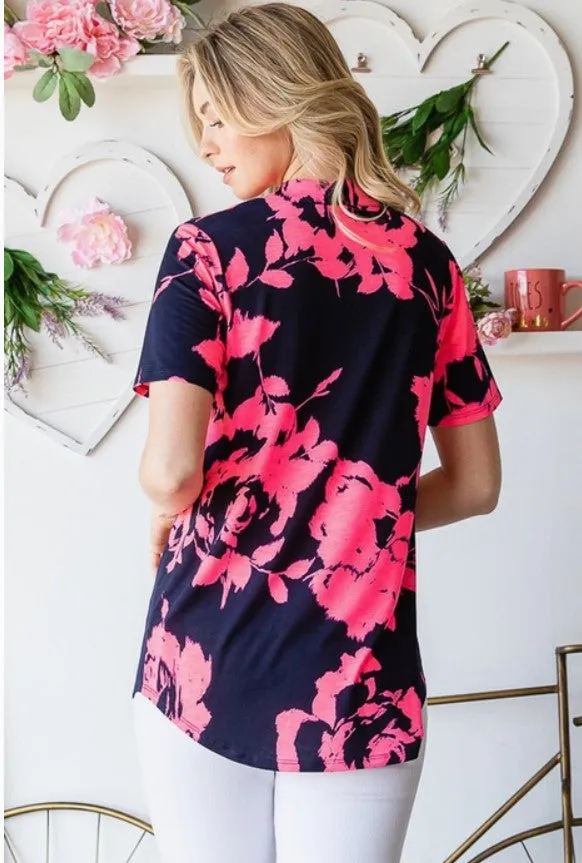 Navy/Pink Floral V-Neck Top - #6701-6706