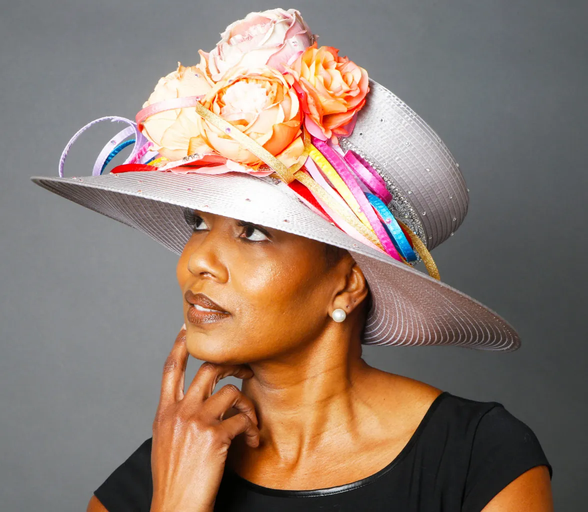 OE0026-Elegant ladies dress hats with flowers and bright satin trims