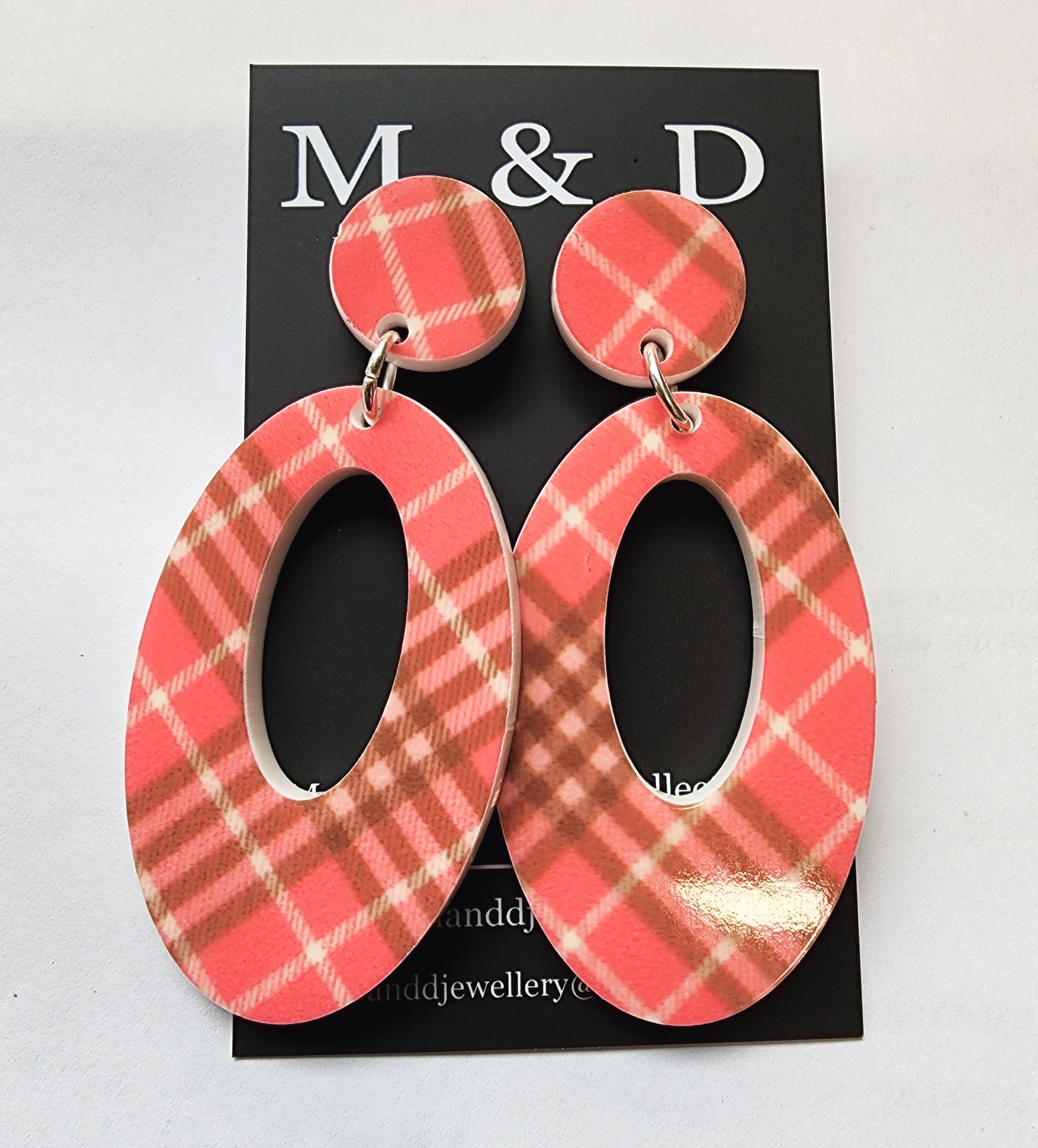 Patterned Tartan Oval Stud Dangle Earrings