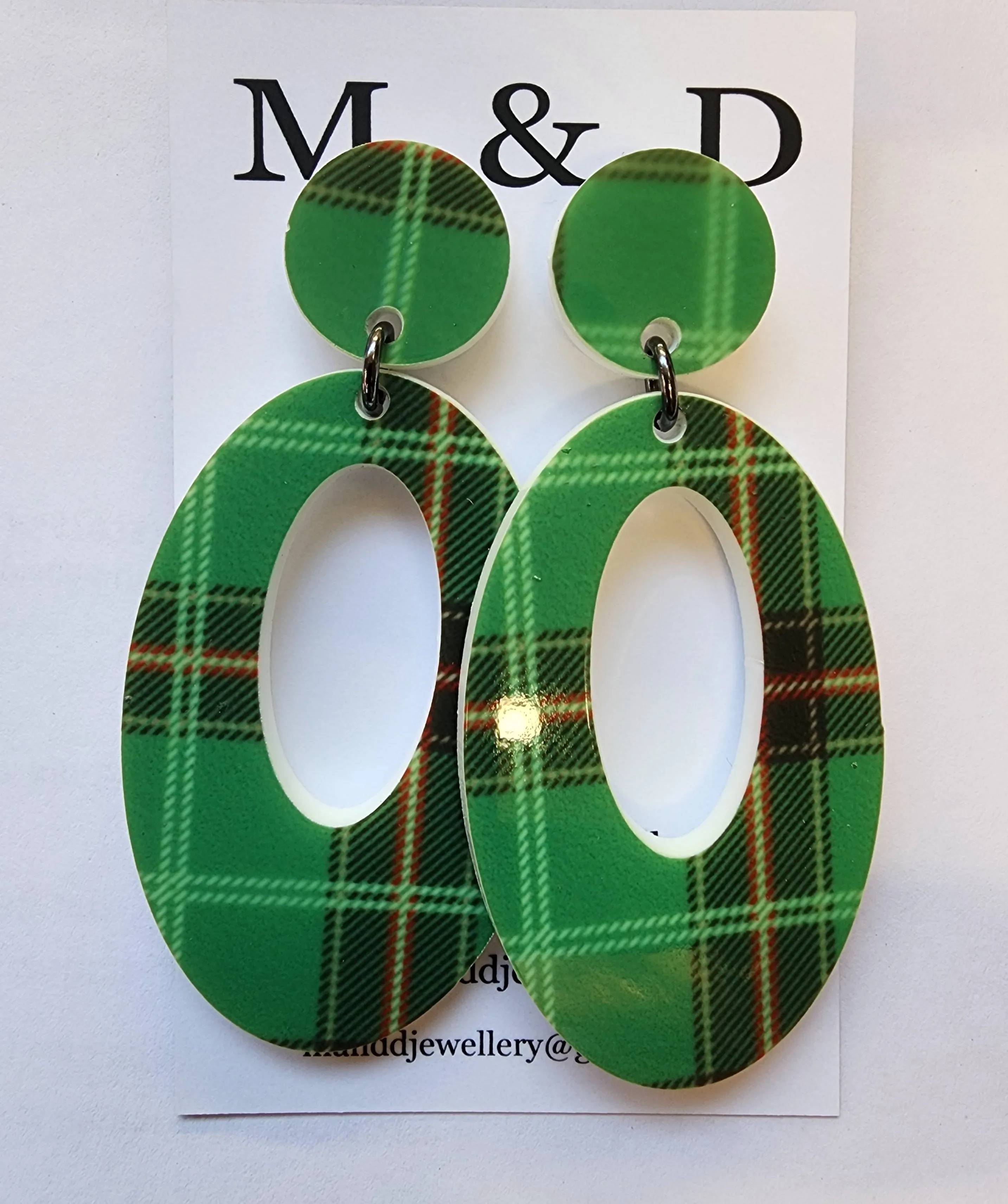 Patterned Tartan Oval Stud Dangle Earrings