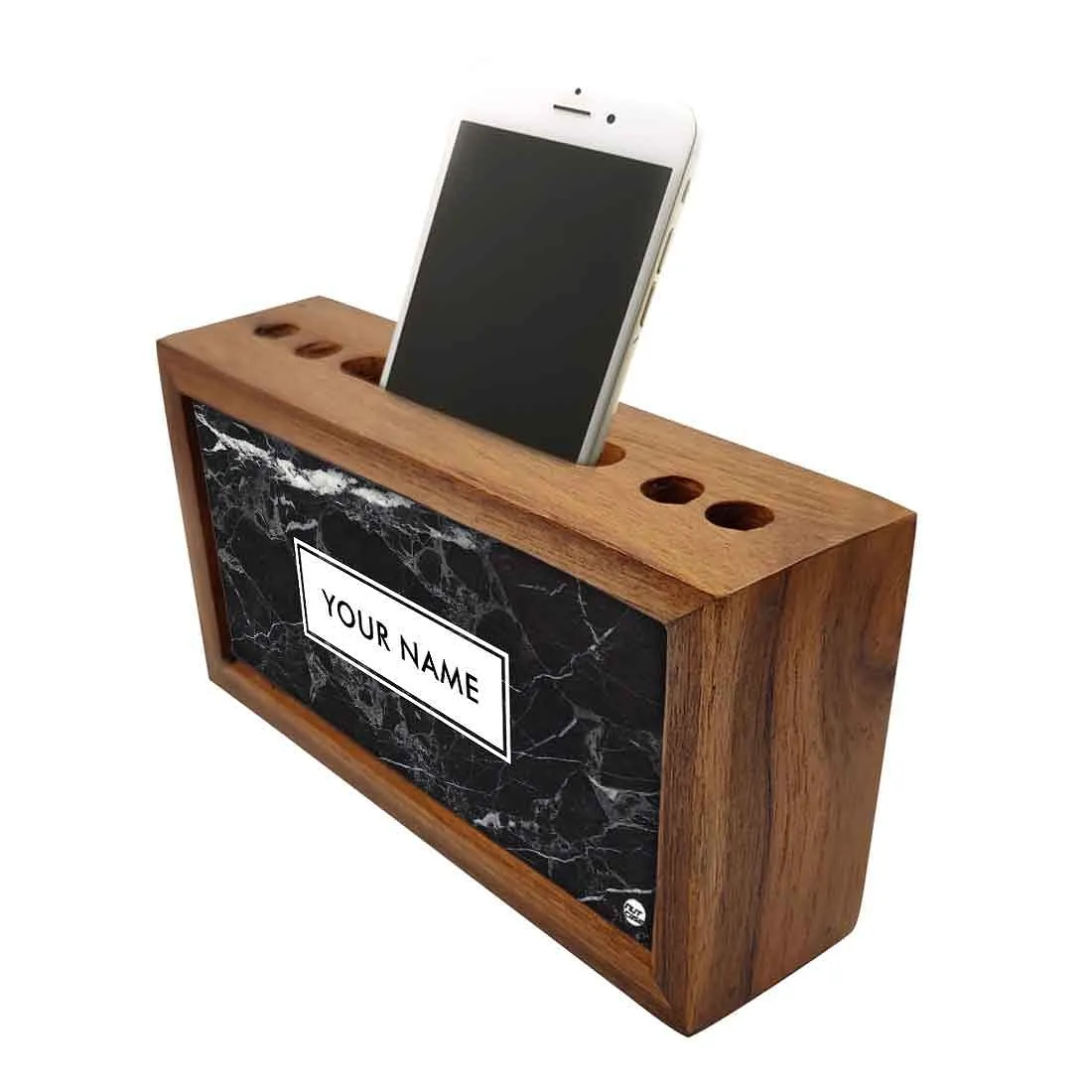 Personalized Wooden desk organizer - Black Marble Pastel