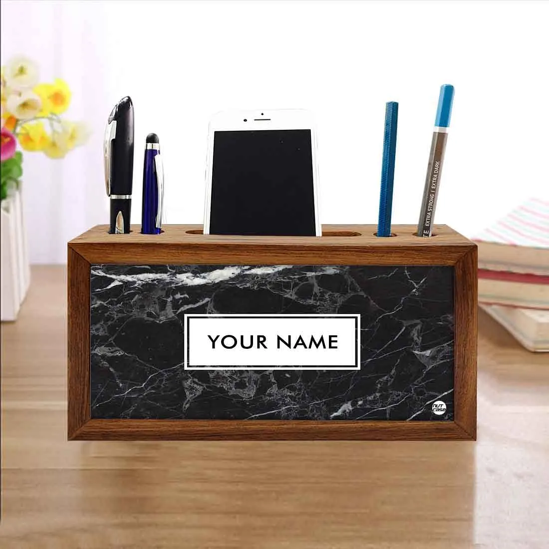 Personalized Wooden desk organizer - Black Marble Pastel